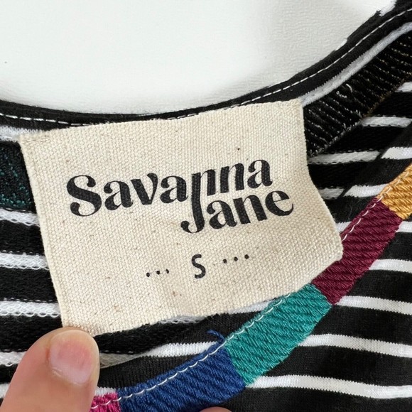 Savanna Jane Striped Stretch Knit embroidered Tank Top Black White Round Neck, S - Picture 5 of 8